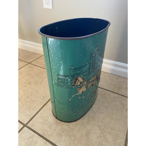 Harvell Metal Trash Can Vintage MCM Horse & Carriage Buggy Green Victorian - Picture 4 of 13